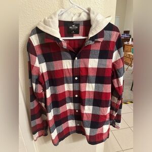 Men's Hollister Flannel Shirt with Hood - Casual Plaid Button-Up